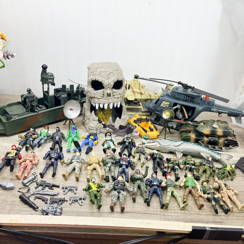 Huge Chap Mei Action Figure Lot Vehicles Tank Helicopter Boat Soldiers Weapons